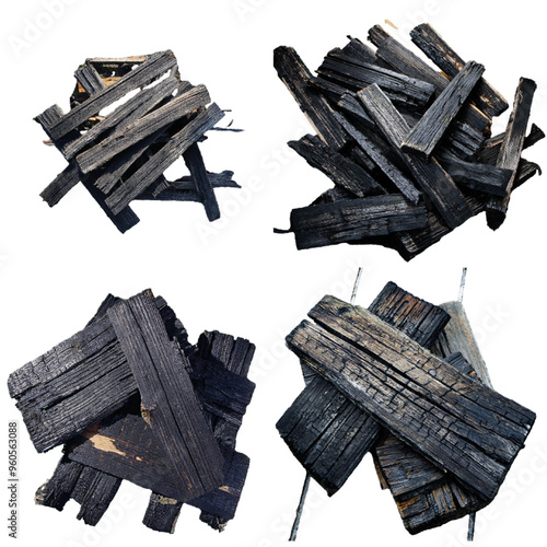 High-Quality Graphic Resource Pack: 4 High-Resolution PNG Images of Burned Wood Planks on the Ground, Post-Fire Theme, Ideal for Designers and Creatives Seeking Unique Textures and Realistic Visuals f