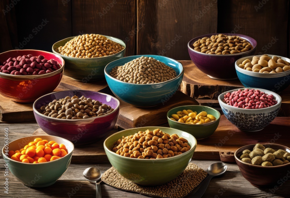 colorful bowls overflowing diverse dog food varieties textures ready pet enjoyment, variety, vibrant, meal, ingredient, nutrition, canine, healthy, organic colorful bowls overflowing diverse dog food varieties textures ready pet enjoyment, variety, vibrant, meal, ingredient, nutrition, canine, healthy, organic