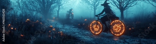 A mystical scene featuring a witch riding a bike with glowing wheels through a foggy forest, creating a captivating Halloween atmosphere.