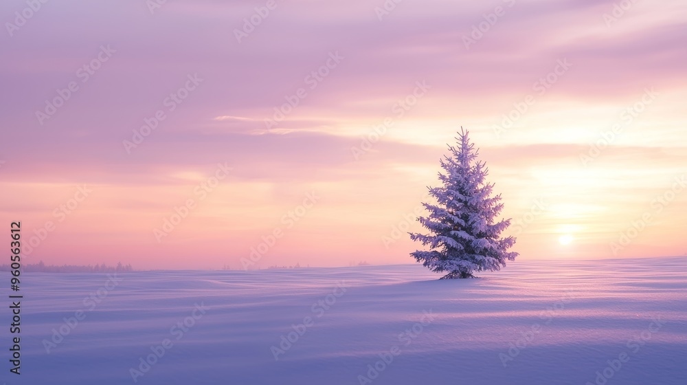 Fototapeta premium Tranquil Snowy Countryside at Sunset with Decorated Christmas Tree - Perfect for Holiday Posters