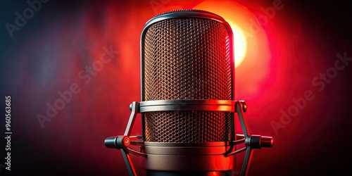 Closeup of a podcast microphone with red backlighting Bird s Eye View, closeup, podcast recording, studio, microphone technology, podcasting technology, communication equipment photo