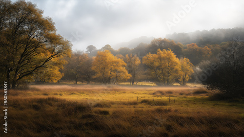 Sun shining through fog on field with golden autumn trees