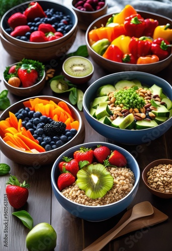 colorful plant based meal prep display featuring fresh nuts beautifully arranged bowls containers, meals, vibrant, dishes, vegetables, fruits, grains, healthy