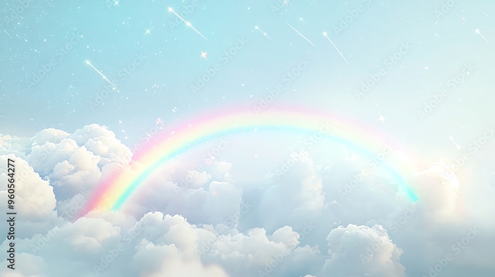 Serene sky with a vibrant rainbow arching over fluffy clouds, creating a magical and peaceful atmosphere. Serene sky with a vibrant rainbow arching over fluffy clouds, creating a magical and peaceful atmosphere.