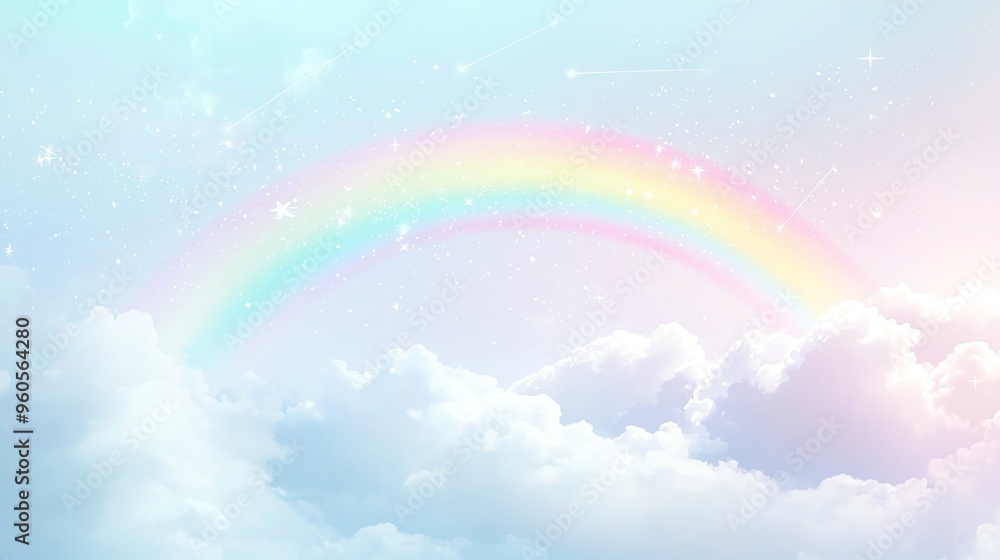 Serene sky with a vibrant rainbow, surrounded by fluffy clouds, creating a dreamy and magical atmosphere. Serene sky with a vibrant rainbow, surrounded by fluffy clouds, creating a dreamy and magical atmosphere.