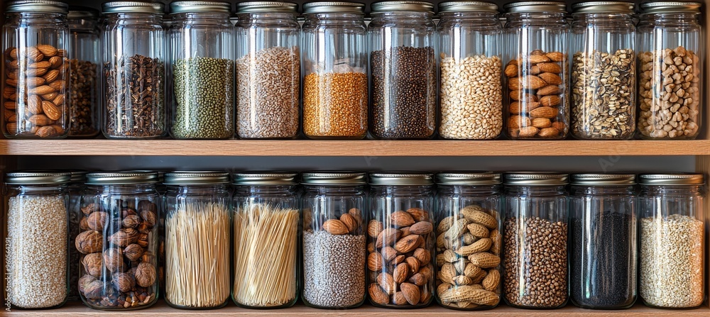 Well-Organized Pantry with Glass Jars of Whole Grains, Nuts, and Spices - Ideal for Healthy Eating and Storage Well-Organized Pantry with Glass Jars of Whole Grains, Nuts, and Spices - Ideal for Healthy Eating and Storage