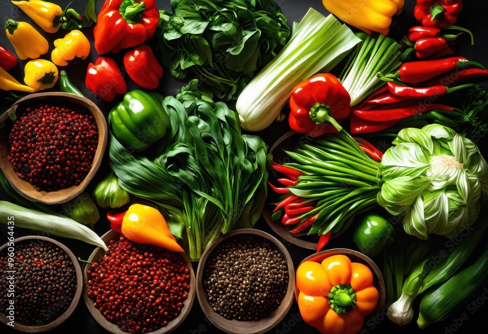 vibrant close colorful ingredients chinese cuisine featuring fresh aromatic brightly colored herbs, vegetables, spices, garlic, ginger, onion, pepper, chili vibrant close colorful ingredients chinese cuisine featuring fresh aromatic brightly colored herbs, vegetables, spices, garlic, ginger, onion, pepper, chili