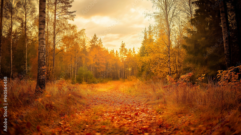 Golden autumn forest path leading to warm sunlight Golden autumn forest path leading to warm sunlight