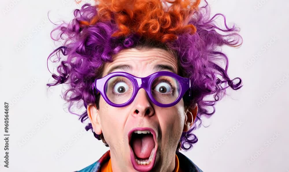 Funny clown with colorful wig and eyeglasses on white background Funny clown with colorful wig and eyeglasses on white background