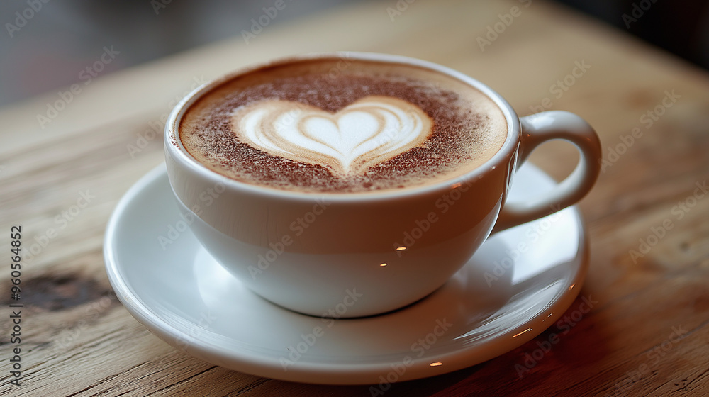 Obraz premium A cup of cappuccino set in a white plate inside cafe shop.