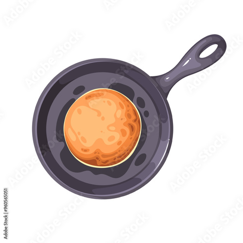 Pancake frying on cartoon pan, top view. One round flapjack cooking in cast iron skillet with handle. Breakfast recipe, morning food mascot, cartoon delicious pancake making vector illustration