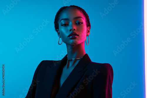 Woman in Sleek Black Suit with Solid Neon Blue Background Fashion Lifestyle Portrait, Modern and Trendy