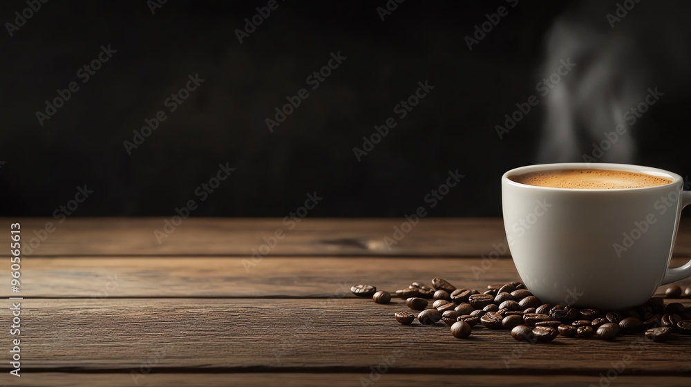 A steaming cup of coffee placed on a wooden table with coffee beans scattered around, leaving a clear space on the left for promotional text A steaming cup of coffee placed on a wooden table with coffee beans scattered around, leaving a clear space on the left for promotional text