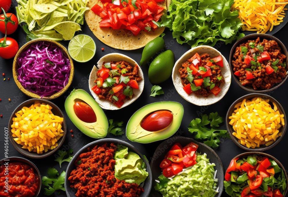 vibrant display colorful taco fillings arranged dynamic geometric patterns visual feast, food, ingredients, fresh, sauce, vegetable, spicy, salsa, cheese vibrant display colorful taco fillings arranged dynamic geometric patterns visual feast, food, ingredients, fresh, sauce, vegetable, spicy, salsa, cheese