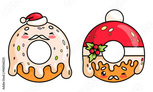 Christmas donut in Santa Claus with dripping glaze set. Isolated funny holiday New Year kawaii cartoon character food. Vector illustration. Kids collection