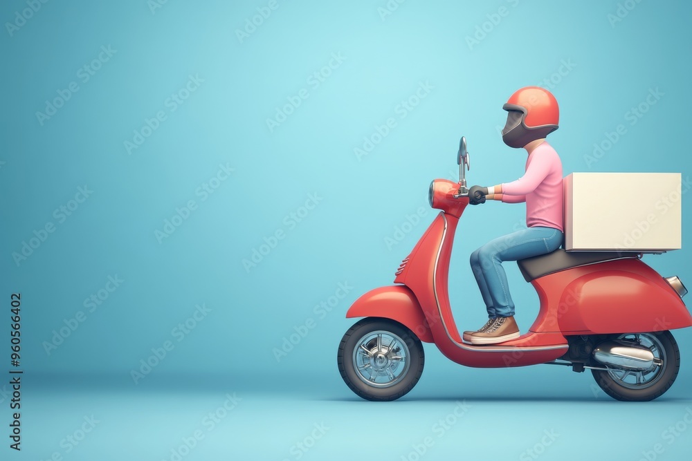 Delivery rider on red scooter with white box for service concept on blue background Delivery rider on red scooter with white box for service concept on blue background