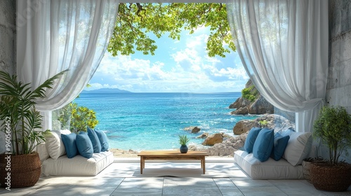 Coastal Serenity A glimpse of ocean through sheer curtains framing a white couch wooden table and lush plants in a sundrenched room