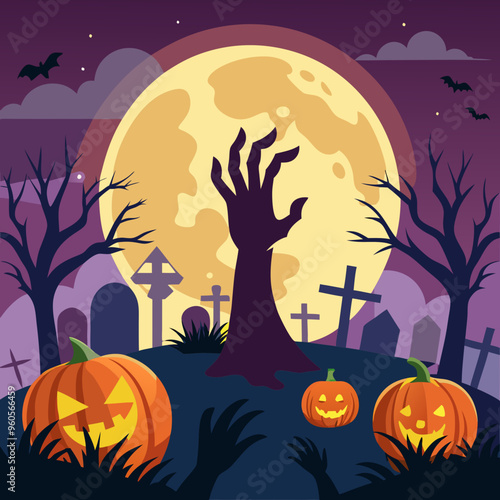 Zombie hands rising out of a graveyard with full moon vector illustration