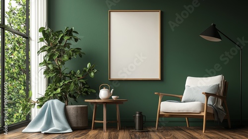 Cozy Corner A green wall framed artwork a wooden chair and natural light illuminate a serene space
