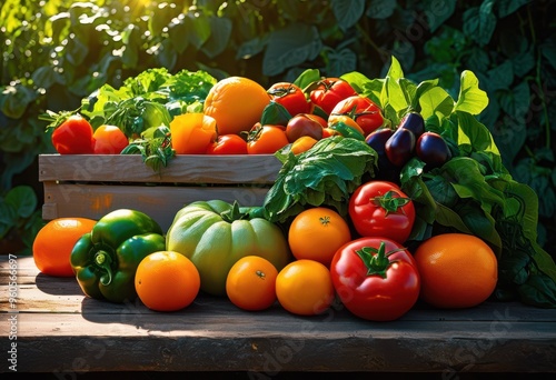 colorful fresh produce displayed donation container showcasing variety abundance fruits vegetables, assortment, basket, bounty, collection, community