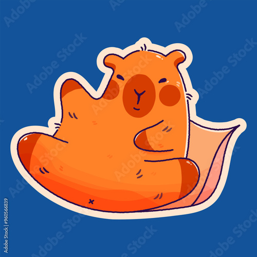 Childish sticker with kawaii capybara on pillow.