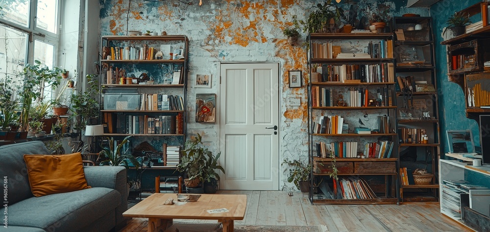 Rustic Living Room A Cozy Corner with Bookshelves Greenery and a Warm Wooden Floor Rustic Living Room A Cozy Corner with Bookshelves Greenery and a Warm Wooden Floor