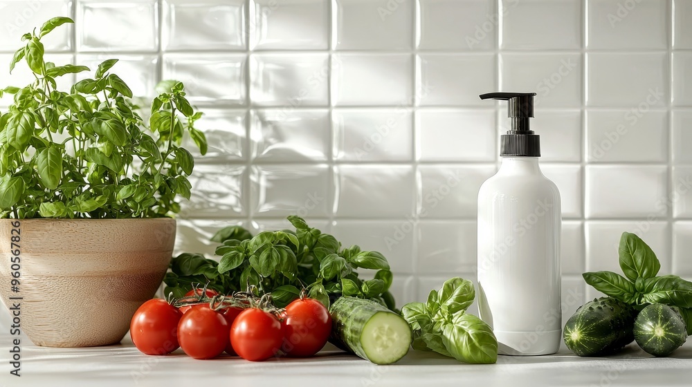 Fresh Basil Tomatoes and Cucumber with a White Bottle on a White Tile Background Fresh Basil Tomatoes and Cucumber with a White Bottle on a White Tile Background
