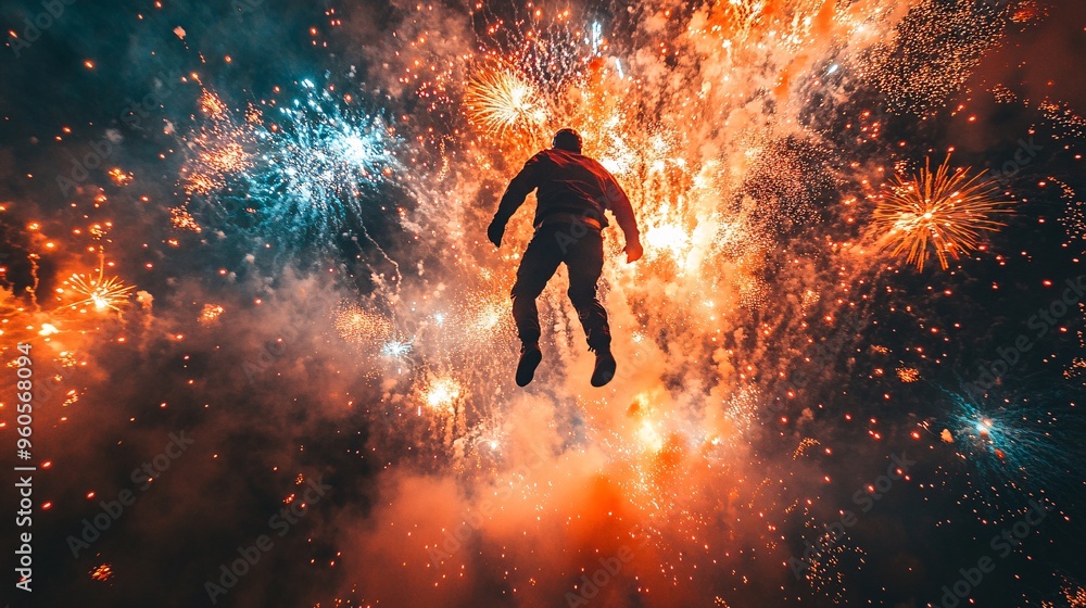 A man soaring through the air on a rocket, executing a daring freestyle trick while colorful New Year's fireworks burst around him A man soaring through the air on a rocket, executing a daring freestyle trick while colorful New Year's fireworks burst around him
