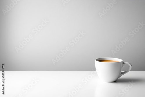 A white cup filled with freshly brewed coffee rests on a clean table, inviting warmth and comfort amidst a calming grey atmosphere