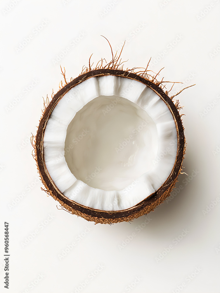 Top View of a Freshly Cracked Open Coconut Half Isolated on White Background – High-Quality Image for Natural, Tropical, Organic Food, and Healthy Lifestyle Concepts Top View of a Freshly Cracked Open Coconut Half Isolated on White Background – High-Quality Image for Natural, Tropical, Organic Food, and Healthy Lifestyle Concepts