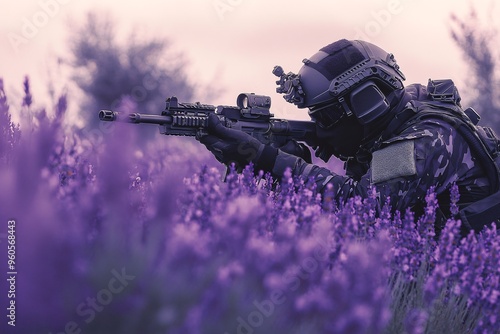 Soldier in Combat Gear Aiming Rifle in Lavender Field Under Purple Haze Sky photo