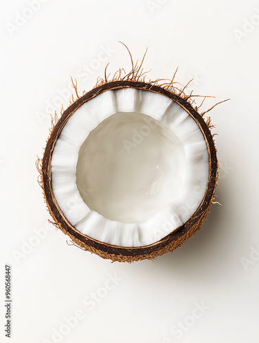 Top View of a Freshly Cracked Open Coconut Half Isolated on White Background – High-Quality Image for Natural, Tropical, Organic Food, and Healthy Lifestyle Concepts