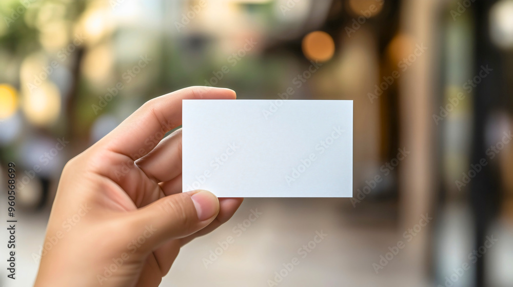 A Person Holding a Blank Business Card or Paper Template in Their Hand: A Closeup of a White Space for Marketing Information or Mock-up and Communication in a Modern Street Setting A Person Holding a Blank Business Card or Paper Template in Their Hand: A Closeup of a White Space for Marketing Information or Mock-up and Communication in a Modern Street Setting