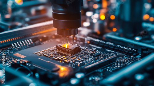 Mechanical arm soldering components on a circuit board in a high-tech electronics manufacturing facility at night