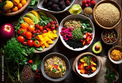 vibrant allergen free meal planning featuring fresh ingredients healthy eating nutritional balance, colorful, vegetables, fruits, grains, proteins, herbs