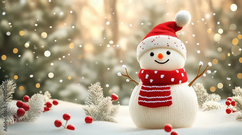 cheerful snowman in a red scarf and hat stands in a festive winter scene, surrounded by snow and glowing lights, radiating holiday joy. cheerful snowman in a red scarf and hat stands in a festive winter scene, surrounded by snow and glowing lights, radiating holiday joy.