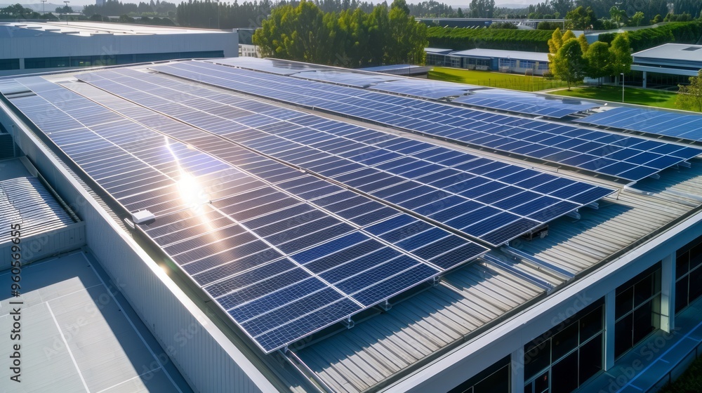 An aerial view of a solar array on a commercial warehouse roof ...