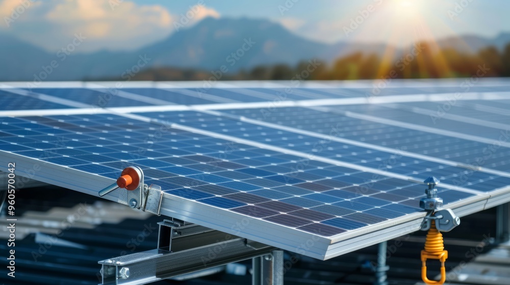 - A close-up of solar panel mounting hardware and installation tools ...