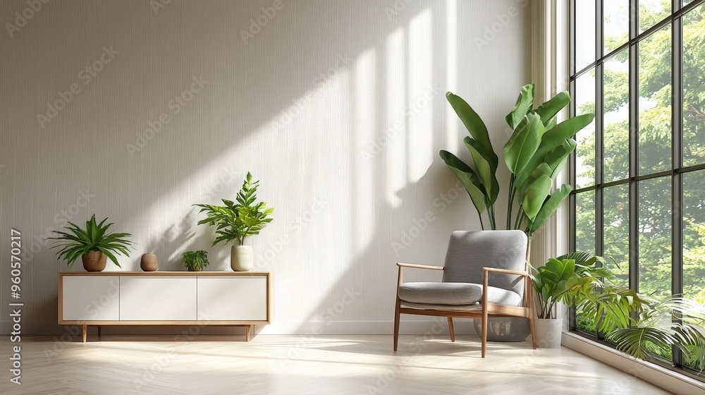 Minimalist Living Room with Sunlight White Wall Wooden Cabinet Armchair Greenery by Window Minimalist Living Room with Sunlight White Wall Wooden Cabinet Armchair Greenery by Window