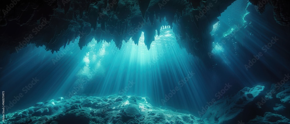 Obraz premium Mystical Underwater Cave Exploration with Dramatic Lighting