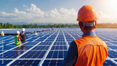 Engineer coordinating with a team on a large solar farm, emphasizing the scale of the project and the teamwork involved in renewable energy installations. Background includes a bright, clear sky.