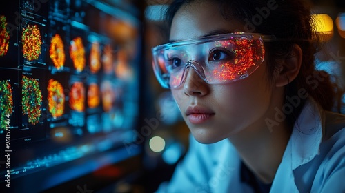 Scientist observing realtime changes in cell morphology using fluorescence microscopy