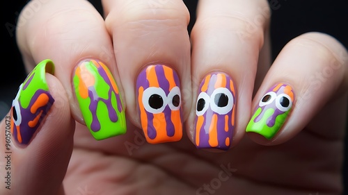 spooky colourful Monster Nail Art, Halloween nail designs 