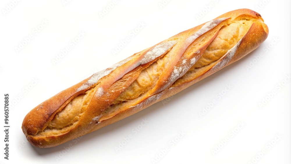 Baguette isolated on a white background with a clipping path captured from a bird s eye view, French cuisine, isolated, clipping path, crusty,baguette, traditional, delicious, bread, lunch