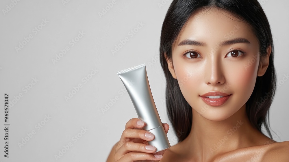 Asian woman holding silver moisturizer tube with copy space Asian woman holding silver moisturizer tube with copy space