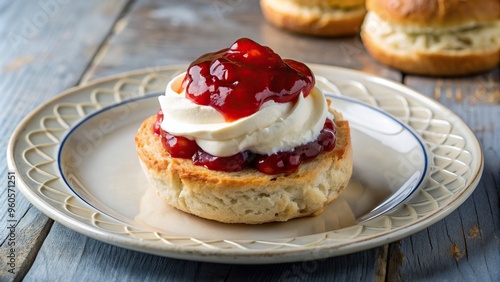 homemade, sweet, tasty, mouth-watering, cream, food, culinary, gourmet, A freshly baked British scone with a dollop of cream and a swirl of red jam served on a plate from a high angle