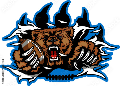 grizzly mascot holding football ripping through large bear claw for school, college or league sports