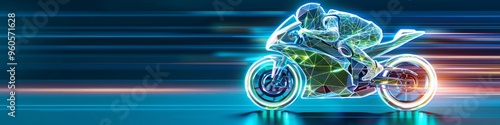 Digital high-speed green motorbike racing  in low poly wireframe design,  advanced transportation and racing technologies, samrt efficiency and safety during high-speed maneuvers, railway track.
 photo