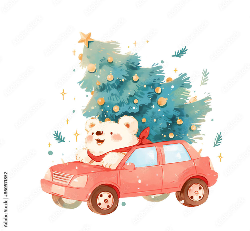 Watercolor drawing of a bear driving a red car and carrying a huge Christmas tree Watercolor drawing of a bear driving a red car and carrying a huge Christmas tree