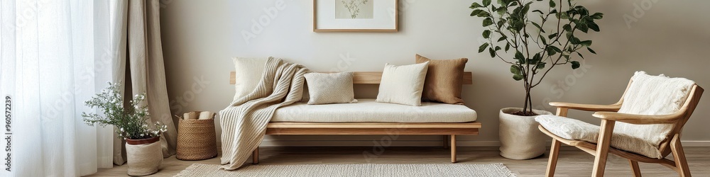 Serene Scandinavian Nook with Light Wood Furniture, Soft Textiles, and Potted Plant for Calm Ambiance Serene Scandinavian Nook with Light Wood Furniture, Soft Textiles, and Potted Plant for Calm Ambiance